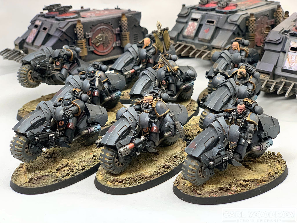 Painted Space Wolf Outrider pack for Warhammer Horus Heresy, with Rhinos